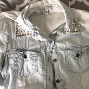 Denim embellished long-sleeved button-down top